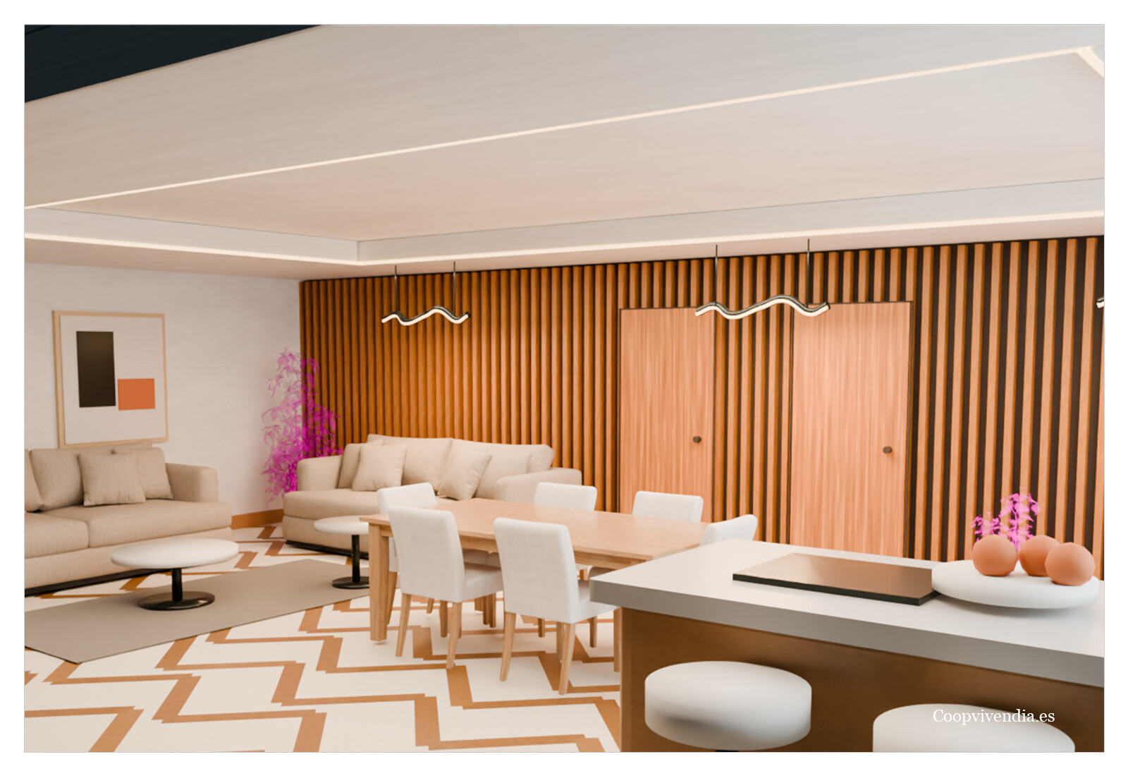 Salón comedor de un apartamento tipo A de Coliving Life