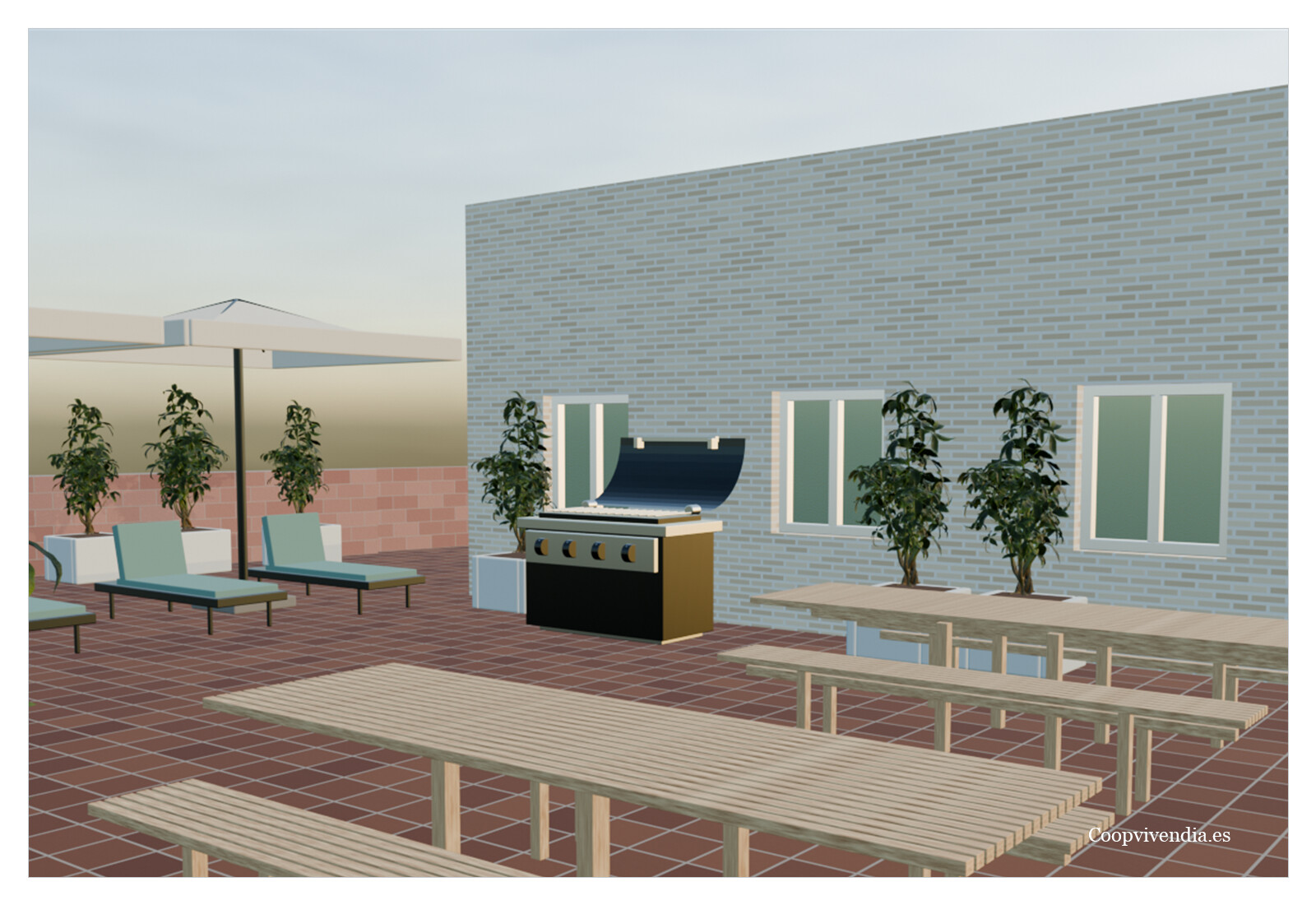 Terraza Social de Coliving Life con barbacoa y mesas