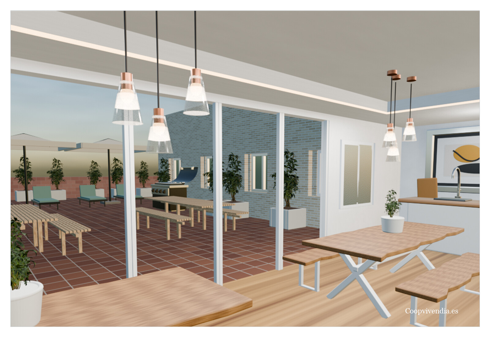 Club Social de Coliving Life con zonas para reunirse y trabajar