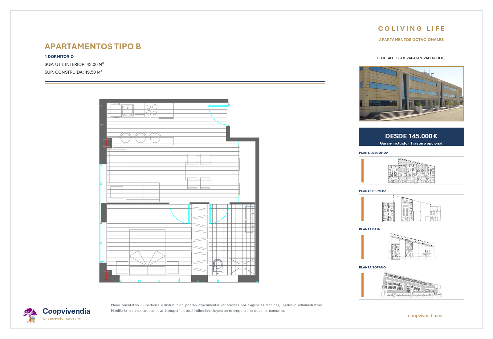 Plano de distribución del apartamento tipo B de Coliving Life